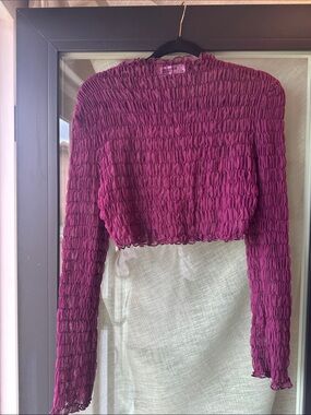Mistress Rocks Smocked Long-Sleeve Crop Top - Wine Burgundy